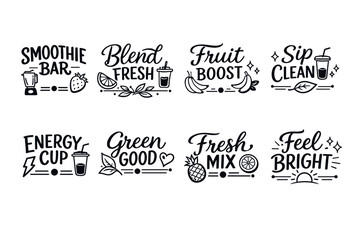 Obraz premium Smoothie bar logos and icons: fresh fruit, green mix, energy cup, feel bright