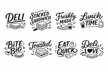 Fototapeta premium Deli-themed typography illustrations of sandwiches and food icons