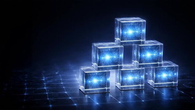 Quantum security lattice grid structure geometry glow cube pyramid abstract future technology concept futuristic cube stack geometry grid structure