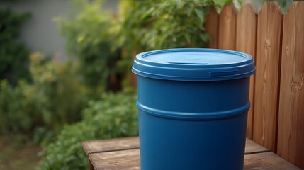 Naklejka premium A blue plastic barrel with a lid sits on a wooden surface in an outdoor backyard setting with greenery and a wooden fence