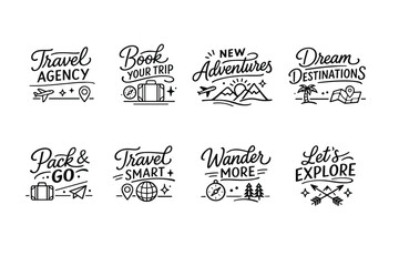 Fototapeta premium Travel slogans and icons: adventure, exploration, wanderlust, destinations, travel smart