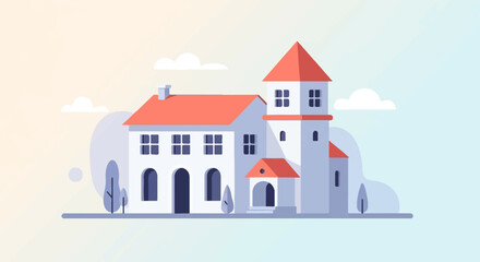 Fototapeta premium A minimalist illustration of a white building with a red roof and tower