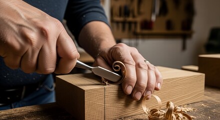 Craftsman Carving Wood with Chisel