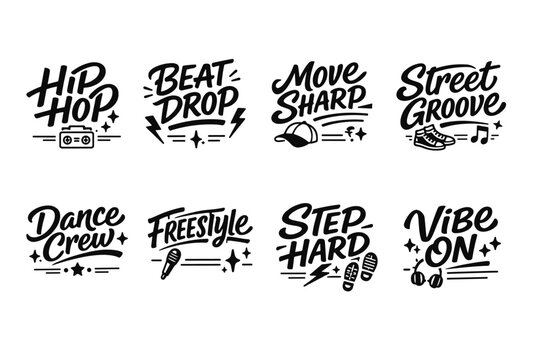 Urban dance phrases with hip hop icons and dynamic typography