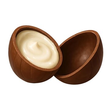 Chocolate egg split in half with creamy filling, realistic food illustration