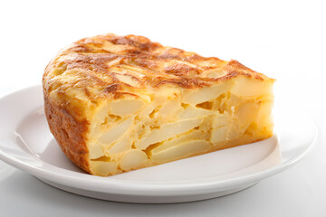 Perfectly Cut Thick Wedge of Spanish Tortilla Espa&ntilde;ola with Potatoes on White Plate