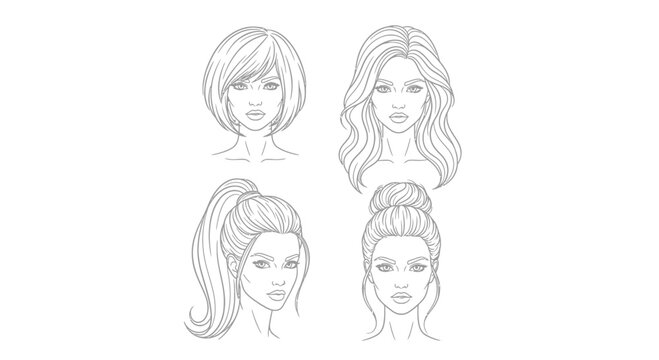 Four diverse female hairstyles line art: bob, long wavy, ponytail, and bun.