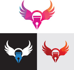 Naklejka premium Wings Pen Logo Icon With Blue Wings and Black Nib Symbol for Creativity and Writing.