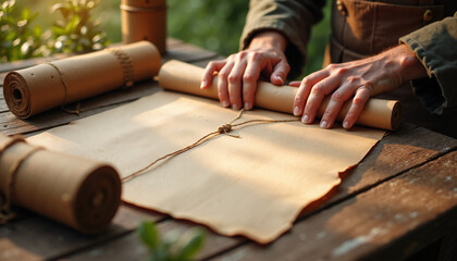 Fototapeta premium Crafting ancient scrolls with hands preparing rolled parchment on wooden table. Artisanal scene includes natural materials, creating rustic aesthetic of storytelling and knowledge sharing.