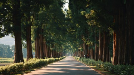 Road through a Tall Tree Avenue / 並木道を抜ける道路