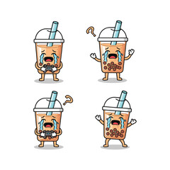 Crying bubble tea cups expressing emotions with straws and anthropomorphic faces