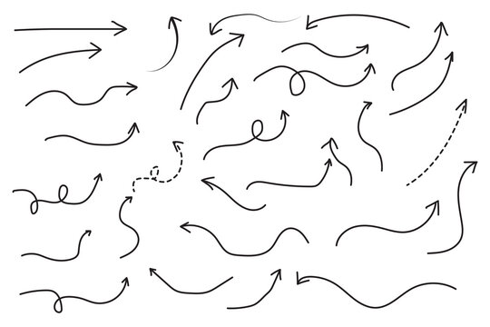 Doddle arrow set, collection of hand drawn arrows, Arrow mark icons. Black and white illustration