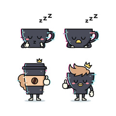 Cute cartoon coffee cups sleeping and waking up with crown and smile