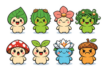 Obraz premium A group of cute cartoon characters with different plant and mushroom hats on their heads