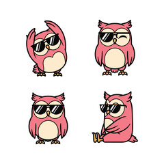 Cool pink cartoon owls wearing sunglasses in different poses with copy space