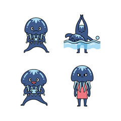 Cartoon jellyfish characters in various poses and outfits on white background