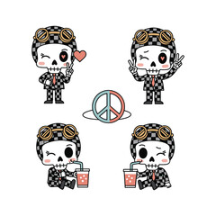 Cartoon skulls showing emotions with peace sign in the middle