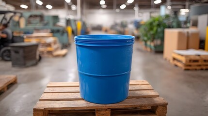 Naklejka premium A blue plastic industrial barrel with water droplets on a wooden pallet in a factory