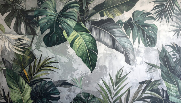 Tropical leaves wallpaper on a gray textured background	