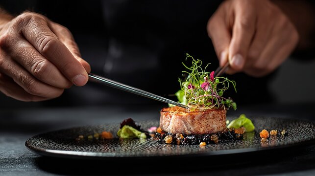 Chef finishing plating a delicious dish on a dark background.