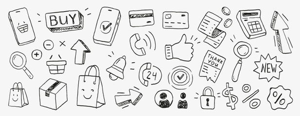 Fototapeta premium Shopping and e-commerce doodle set with delivery, payment, store, cart and retail symbols. Perfect for online shops, apps, banners, UI, marketing and social media.