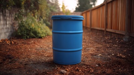 Fototapeta premium A blue plastic barrel rests on mulched ground in a backyard with a wooden fence and green plants