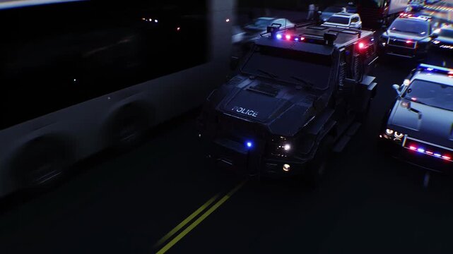An swat police driving fast on a city street. Realistic 4k animation.
