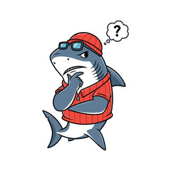 Confused cartoon shark wearing red hat and sunglasses thinking with question mark