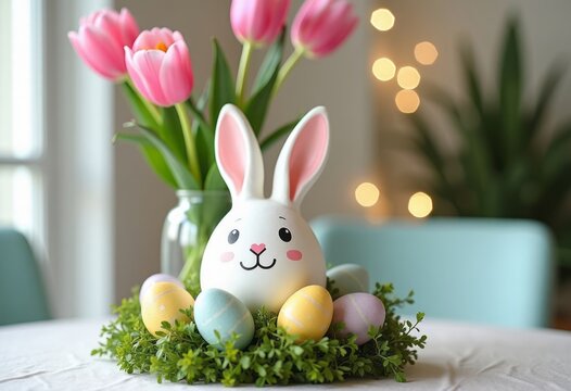 Easter Table Centerpiece with Spring Flowers and Festive Decor. Elegant Easter table centerpiece with fresh spring flowers, candles, and decorated eggs. Perfect seasonal design for home decor, event p
