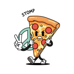 Angry pizza slice character showing peace sign and stomp gesture in cartoon style