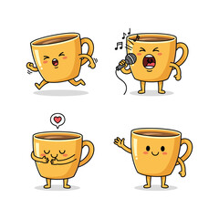 Cartoon coffee cups dancing and singing with different emotions