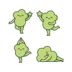 Cute cartoon characters dancing and relaxing in various poses with stars