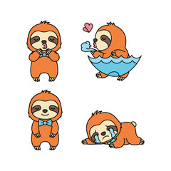 Cute cartoon sloth characters in various poses and emotions with copy space