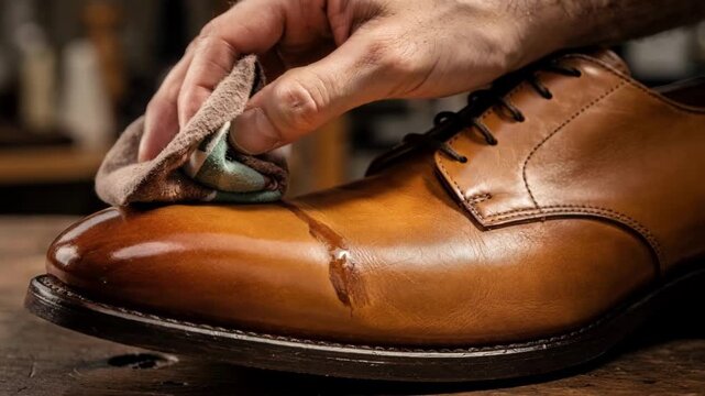 Closeup of artisan hand burnishing leather uppers with dye highlighting the rich subtle patina developing on smooth vamps under natural light.