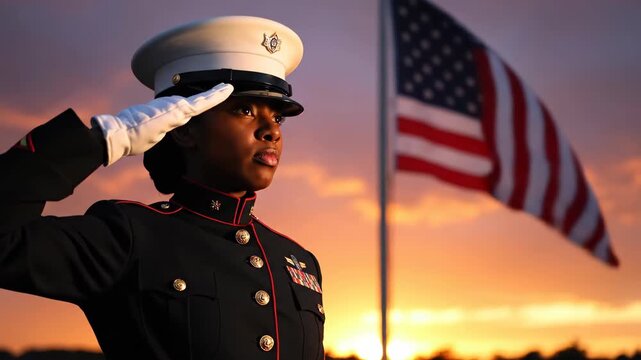 African American woman marine saluting American flag at sunset