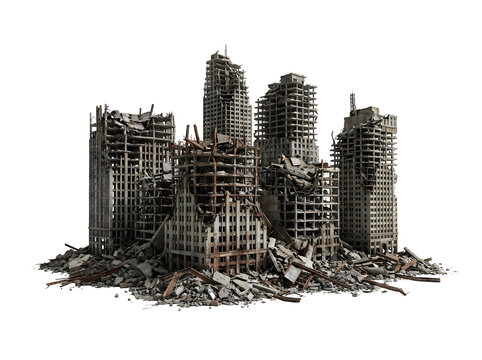 Cluster of devastated city buildings reduced to crumbling skeletons and rubble isolated on a pure black background