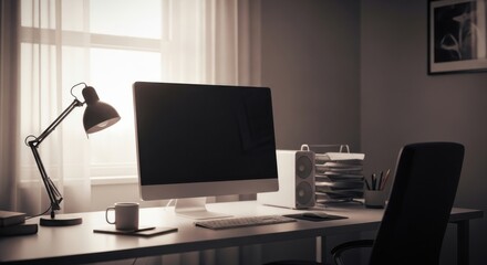 Fototapeta premium A modern home office setup with a desk, monitor, and cozy ambient lighting
