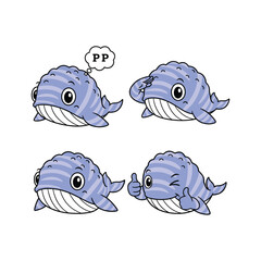 Cartoon Whale Characters with Emotions and Gestures in Various Expressions