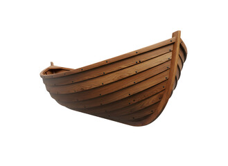 Fototapeta premium Detailed 3D rendering of a vintage wooden dinghy hull isolated on a deep black background, showcasing nautical craft and texture