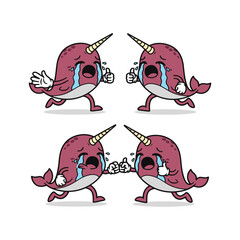 Crying narwhal cartoon character showing different emotions with copy space © KHDEJASTOCK