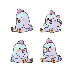 Cute cartoon chickens with different emotions and pink accents on white background