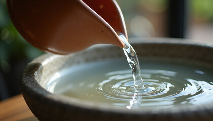 Water pouring from clay jug into ceramic bowl creating ripples in still water. This serene water scene captures the gentle movement and fluidity of nature,