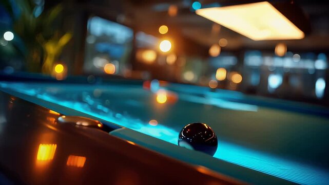 Close-up of eight ball on pool table with bokeh lights, shallow depth of field and copy space
