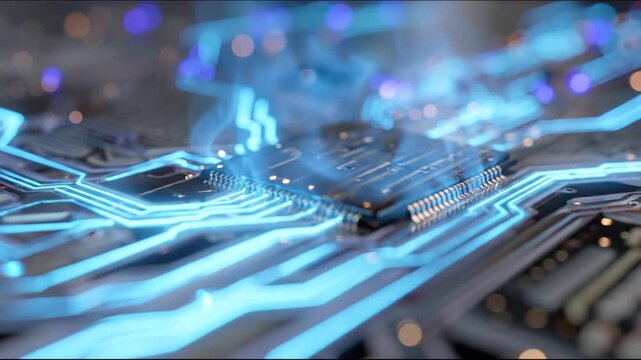 Glowing electronic circuit board with a central processor and blue light trails, bokeh background