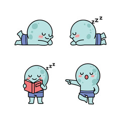 Cute cartoon moon character relaxing and reading in various poses with copy space