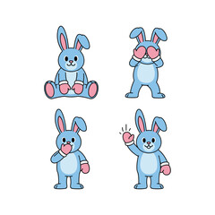 Cute cartoon blue rabbits showing emotions and gestures in various poses