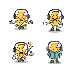 Cartoon lightning bolt character with headphones in various emotional states