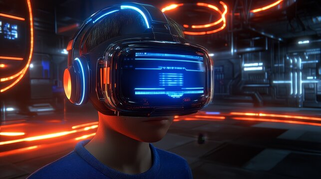 Man immersed in advanced virtual reality headset exploring digital worlds seamlessly.