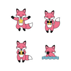 Cute cartoon fox character in various poses with medals on white background