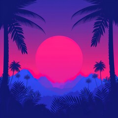 Obraz premium Vibrant Sunset Over Tropical Palm Trees and Mountains